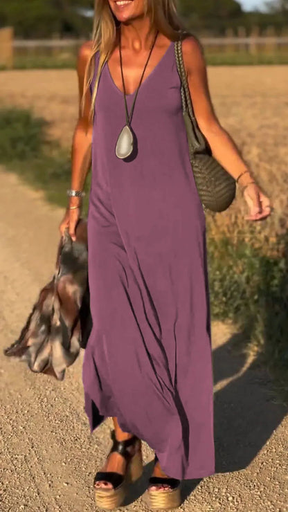 Robe longue fluide à bretelles et col en V
