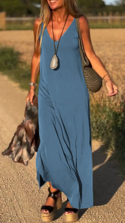 Robe longue fluide à bretelles et col en V