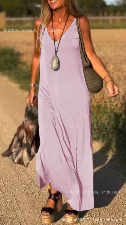 Robe longue fluide à bretelles et col en V