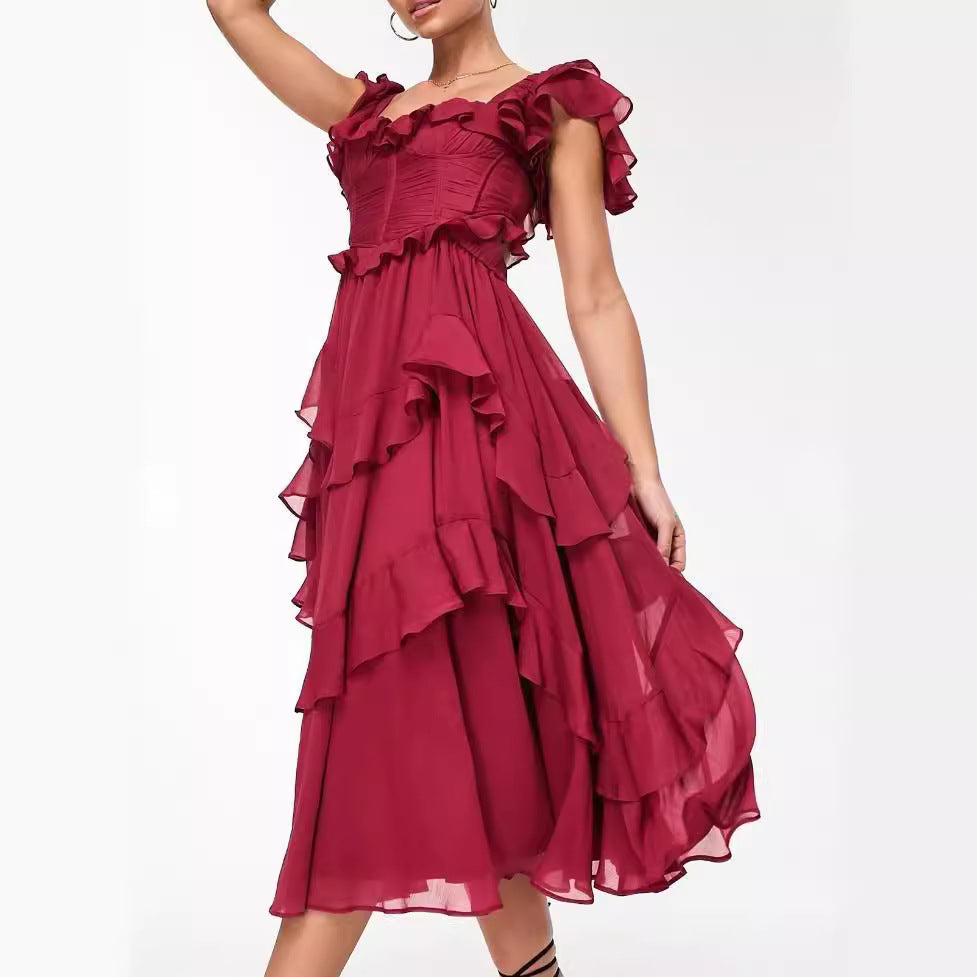 Robe dos nu à volants et col carré