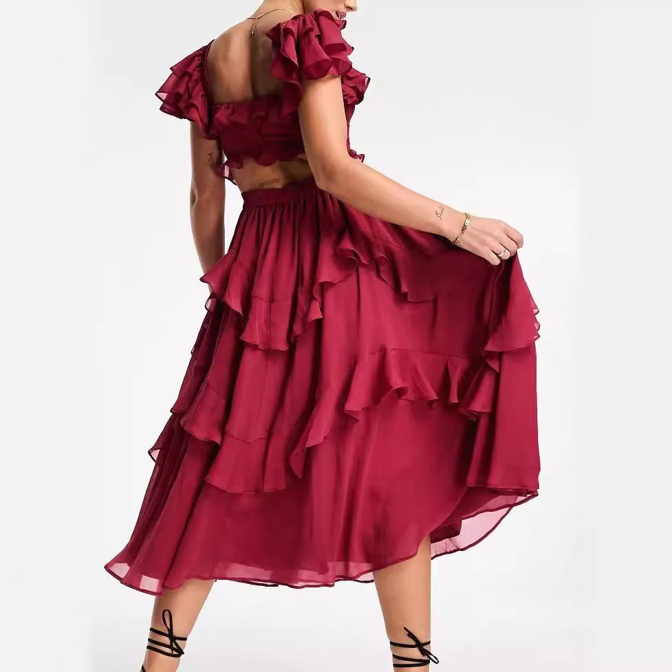Robe dos nu à volants et col carré