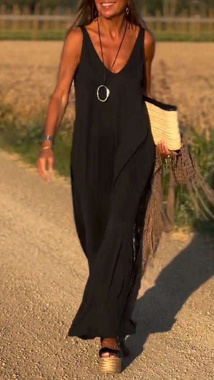 Robe longue fluide à bretelles et col en V