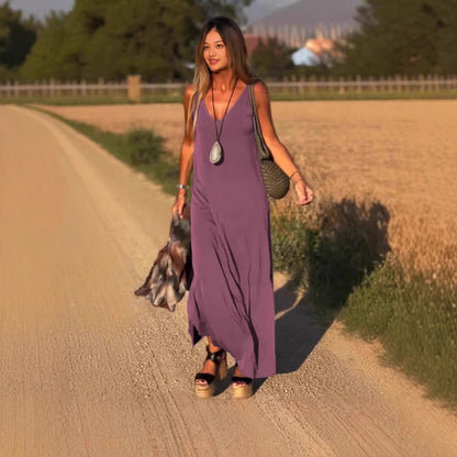 Robe longue fluide à bretelles et col en V
