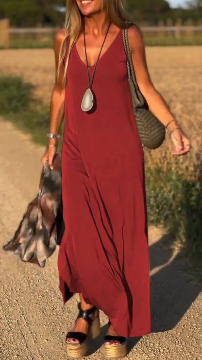 Robe longue fluide à bretelles et col en V