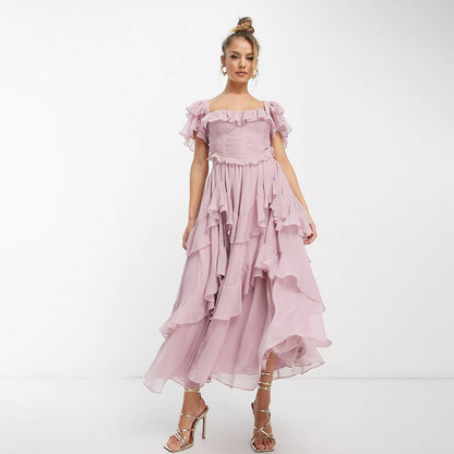 Robe dos nu à volants et col carré