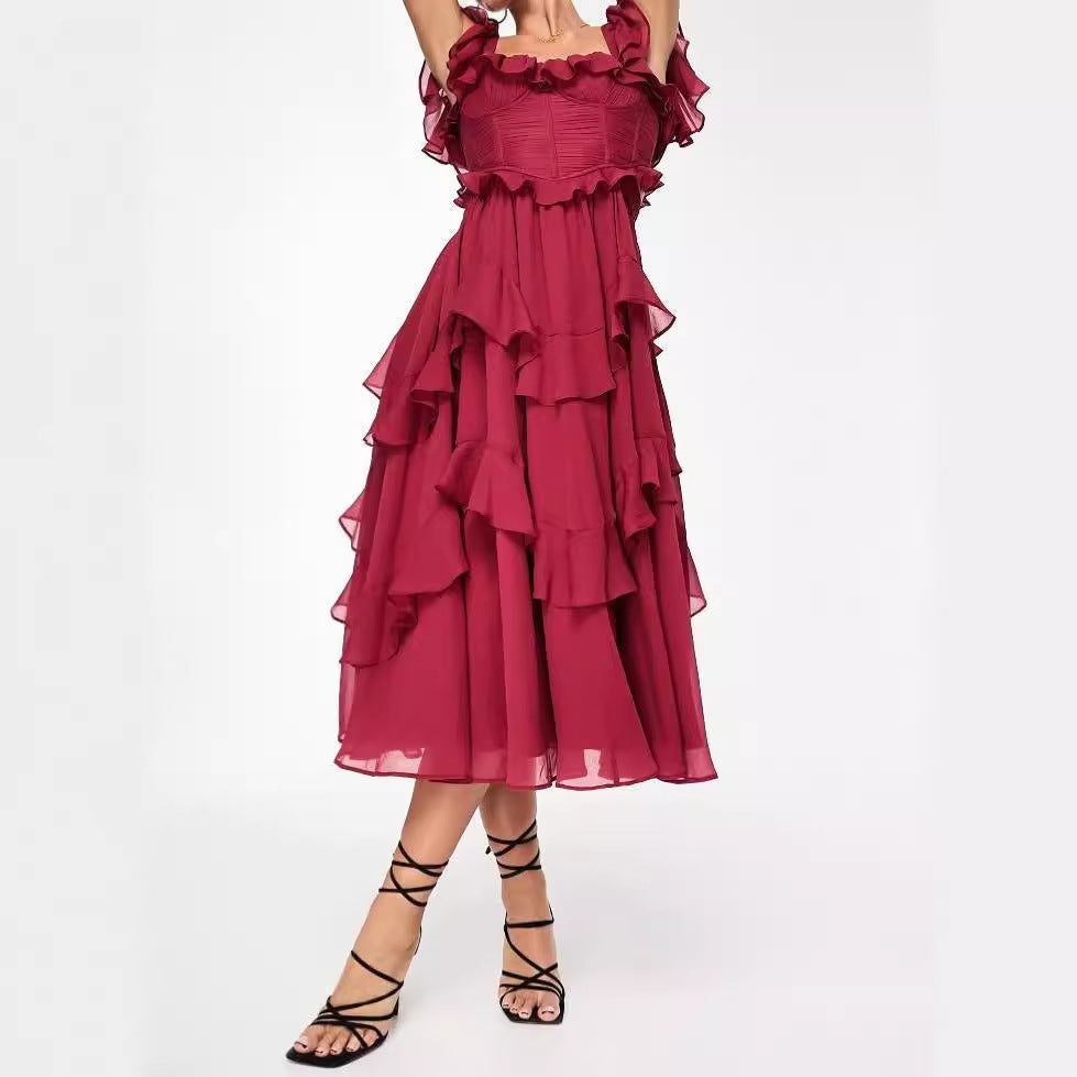Robe dos nu à volants et col carré