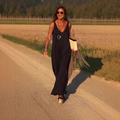 Robe longue fluide à bretelles et col en V